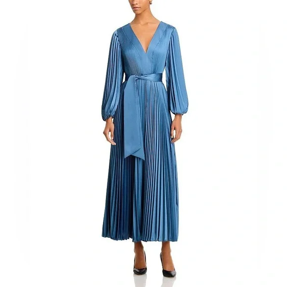Milly Nadie Solid Pleated Maxi Dress Stone Blue Size 0 NWT - Picture 3 of 7